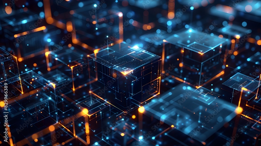 Glowing Cubist Cityscape of Digital Interconnectivity and Technological Innovation Glowing Cubist Cityscape of Digital Interconnectivity and Technological Innovation