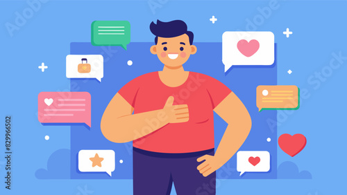 A man posting a vulnerable and raw post on social media about his struggles with body image receiving an overwhelming amount of positive support and love from other men.. Vector illustration