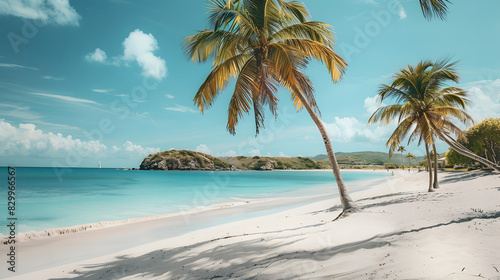 The beautiful beach of carlisle bay at the caribbean islands of antigua and barbuda with fine sand and coconut palm trees isolated on white background, vintage, png
 photo