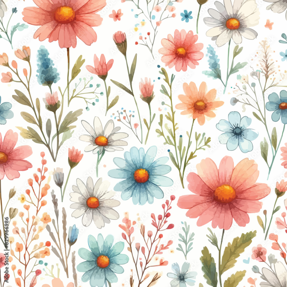 Cute feminine watercolor seamless pattern with wildflowers. hand drawn