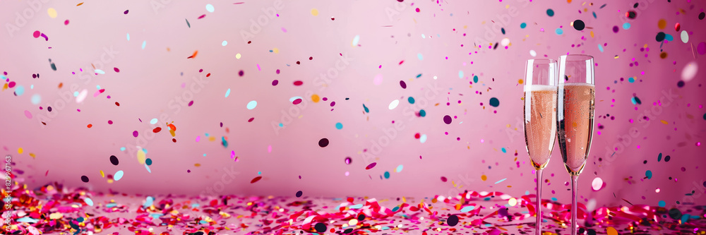 Champagne flutes and confetti celebration, background with empty space for text Champagne flutes and confetti celebration, background with empty space for text