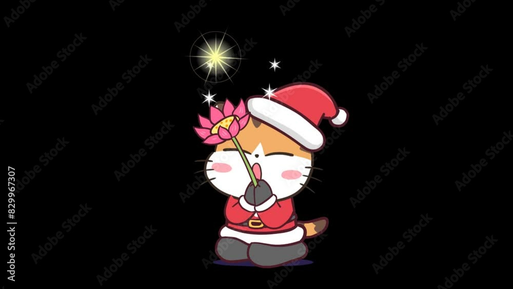Animated Cat in Santa Costume Praying with Lotus - Transparent Background Animated Cat in Santa Costume Praying with Lotus - Transparent Background