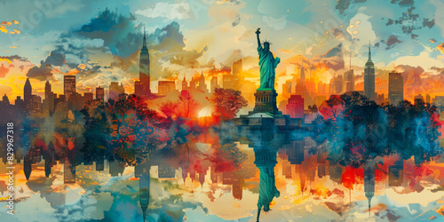 Statue of Liberty and New York city. Double exposure  contemporary art