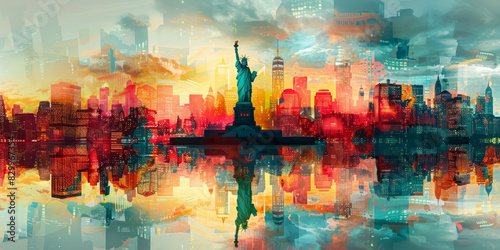 Statue of Liberty and New York city. Double exposure, contemporary art