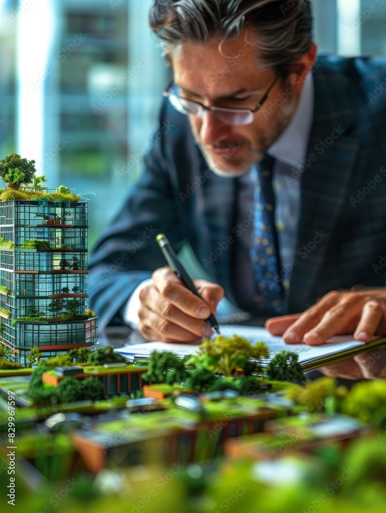 Fototapeta premium Sustainability in Business: Businessman Sketching Eco-Friendly Designs for Green Office Complex Model