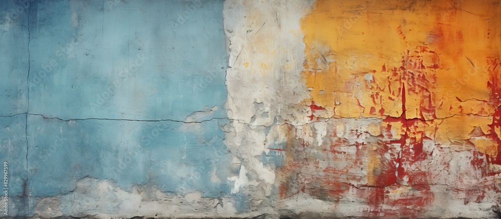 Architectural background featuring the modified color scheme of a concrete wall with painted plaster and paint layers offering a textured and abstract image. with copy space image