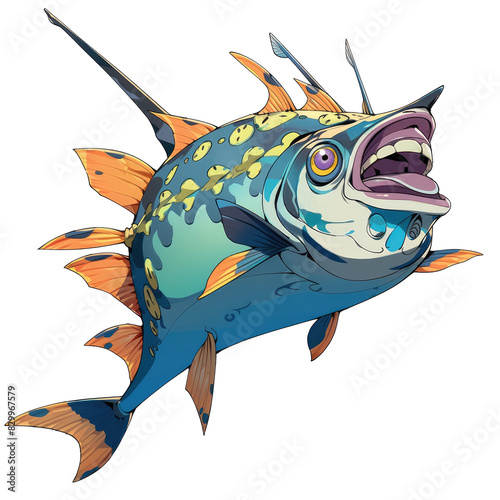 An illustration of a fish with orange fins and teeth resembling those of a human photo
