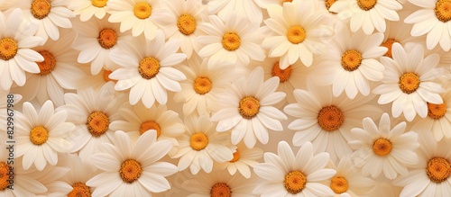 Aesthetic summer copy space image with bright chamomile flowers pattern on a beige background