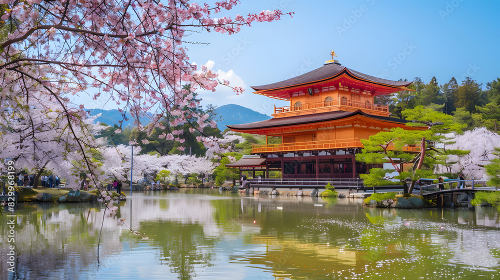 Fototapeta premium Japan Sakura festival of Cherry tree blossom. Generative AI.