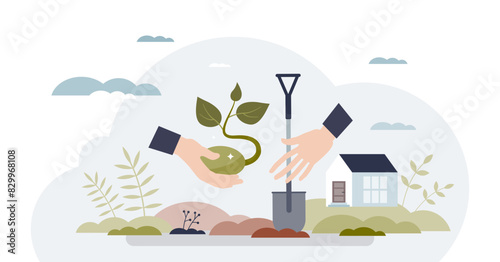Community service work for nature protection tiny person hands concept, transparent background.