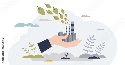 CO2 carbon dioxide emissions and gas pollution tiny person hands concept, transparent background. Sustainable, ecological and nature friendly factory with renewable power resources.