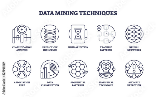 Data mining techniques and big data collection in outline icons concept, transparent background. Labeled elements with classification analysis, prediction, neural networks patterns.