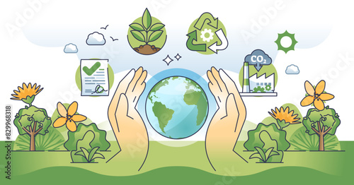 Environmental policy and nature protection principles outline hands concept, transparent background. Business standards with sustainable agreements, green material usage.