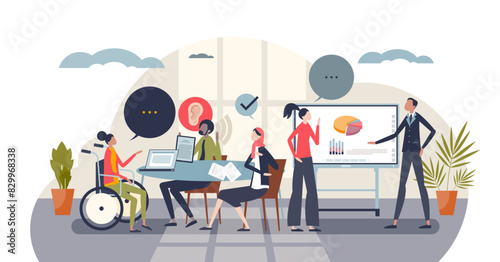 Diversity and inclusion in workplace for fair social equality tiny person concept, transparent background. Various ethnical, racial and gender groups for diverse business company illustration.
