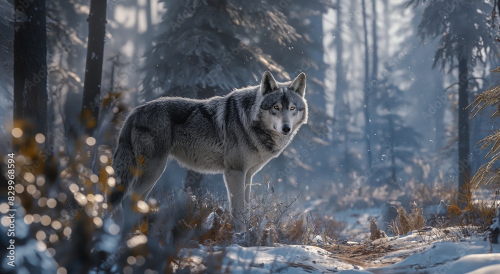 Obraz premium Majestic Wolf in Winter Forest Scene, Wildlife Photography for Posters