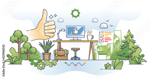 Job satisfaction and employee work place appreciation outline hands concept, transparent background. Productivity and effective motivation from suitable environment in office illustration.
