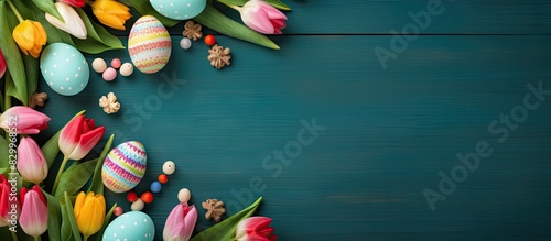 Fresh spring tulips decorative eggs candy in a nest and small floral decorations create a colorful Easter border on green wood Plenty of copy space is available in the image