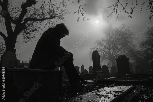 A grieving man sits next to a grave in a cemetery with shadowy trees around