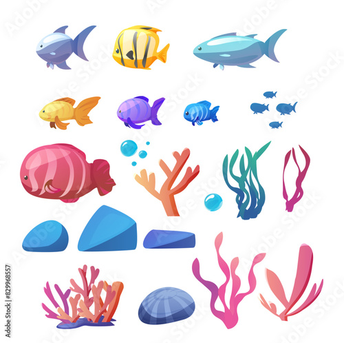Sea fishes, corals, seaweed, seashell and pebbles vector set, cartoon marine animal, aquatic exotic tropical wildlife