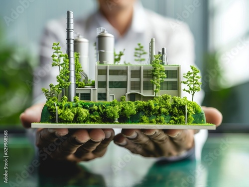 Eco-friendly Businessman with Green Factory Model for Sustainable Manufacturing Practices