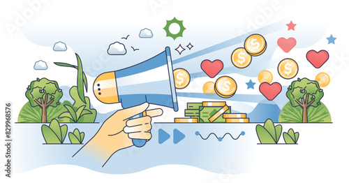 Nonprofit fundraising campaign with money gathering outline hands concept, transparent background. Public activities for financial donation awareness illustration.