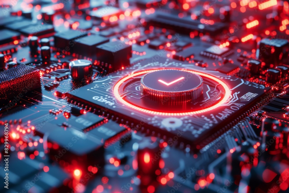 Close-up of a red circuit board, highlighting advanced technology and secure data protection in a high-tech environment. Close-up of a red circuit board, highlighting advanced technology and secure data protection in a high-tech environment.