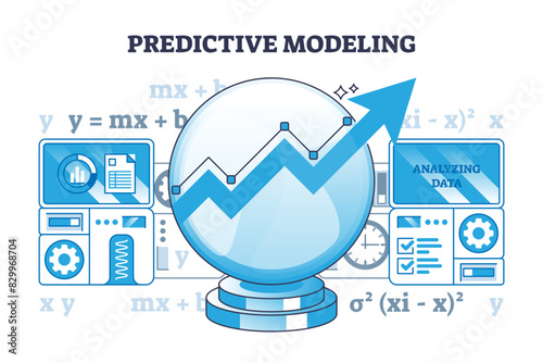 Predictive modeling as future data prediction and analysis outline diagram, transparent background. Forecasting financial information with mathematical algorithms illustration.