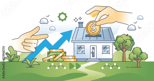 Real estate investment and investing in housing market hands outline concept, transparent background. House loan or saving money for home purchase illustration.