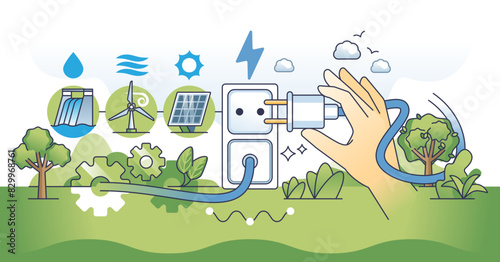 Renewable integration for green electricity power outline hands concept, transparent background. Use solar, wind or hydro energy as alternative to fossil burning illustration.