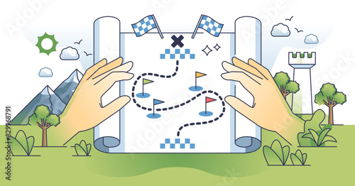 Strategy map for journey or process with obstacles outline hands concept, transparent background. Path presentation with possible risks, opportunities and finish goal illustration.