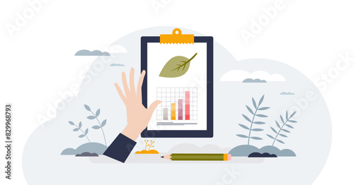 Sustainability reporting and green business ESG chart tiny person concept, transparent background. Company nature impact and climate forecasting illustration.