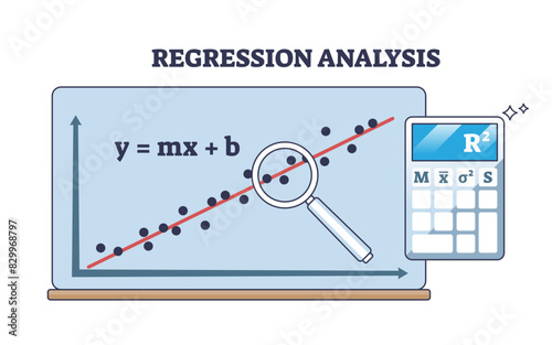 Regression analysis with linear data statistics results outline diagram, transparent background. Labeled educational scheme and mathematical function calculation.