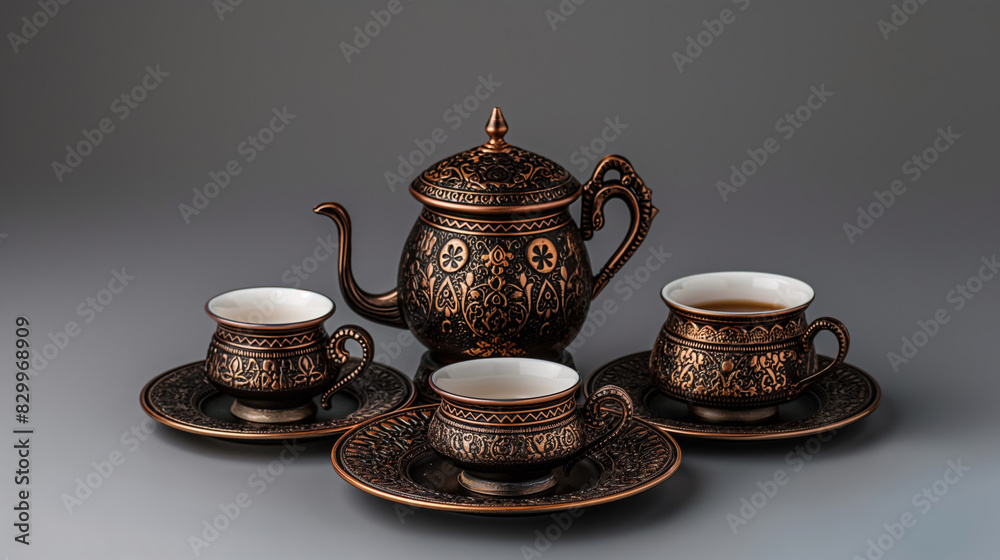 Traditional Turkish coffee set in an Ottoman style setting, isolated on a gradient background Traditional Turkish coffee set in an Ottoman style setting, isolated on a gradient background