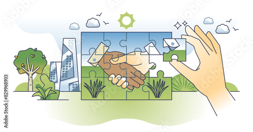 Team management for partnership or collaboration outline hands concept, transparent background. Professional business deal or agreement closure with successful cooperation illustration.