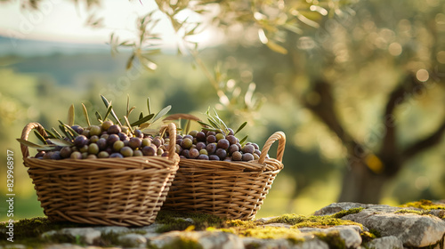 Traditional baskets filled with freshly picked olives in a sun-drenched Tuscany field 