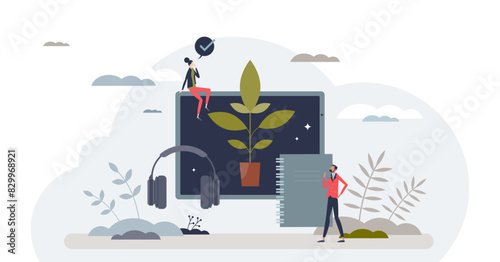 Virtual mentorship and distant assistance from leader tiny person concept, transparent background. Remote online motivation lesson as effective team inspiration and mentoring illustration.