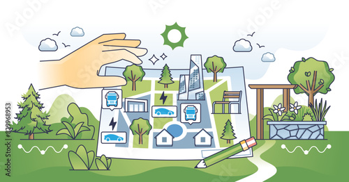 Urban planning and modern city design development outline hands concept, transparent background. New district or residential area project construction.