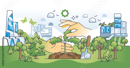 Urban greening and tree planing in green city parks outline hands concept, transparent background. Sustainable and environmental residential neighborhood.