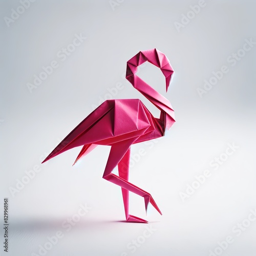 AI generated illustration of a pink origami flamingo on a gray background