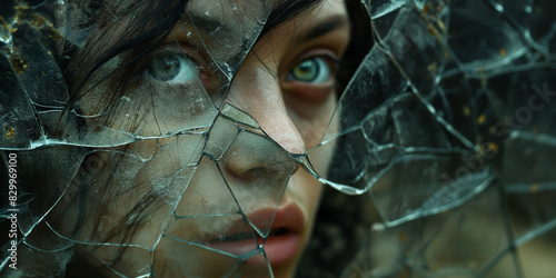 Unsettled figure ensnared in splintered mirror segments, signifying fragmented sleep paralysis 