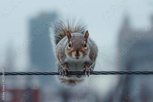 Urban squirrel traverses city skyline via power line highways 