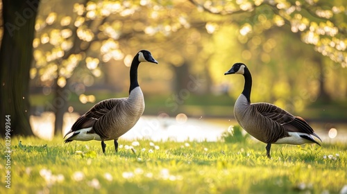Two lovely Canadian geese captured in a park during spring © TheWaterMeloonProjec