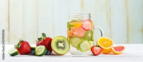 Fruit rich diet for weight loss showcased in a refreshing fruit salad beside a lemon and cucumber infused water on a white wooden backdrop The image allows for ample copy space