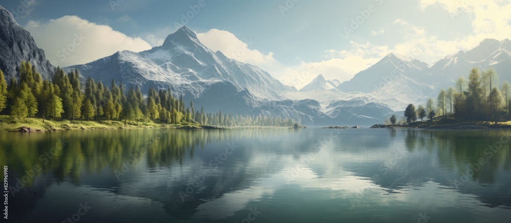 A picturesque lake surrounded by mountains during a breathtaking season making for a captivating copy space image