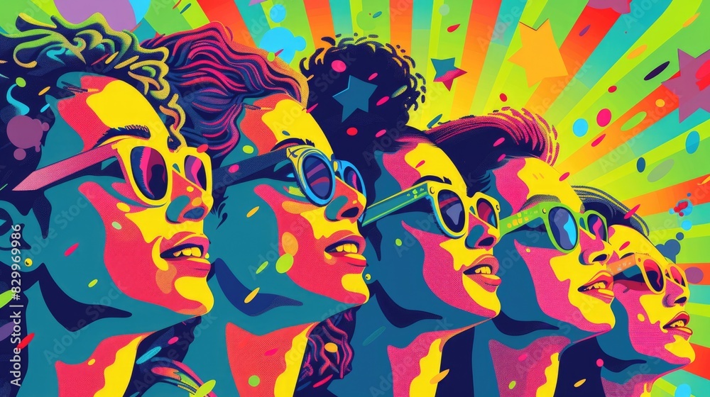 Pop artist illustration women pictures on colorful background pride day concept