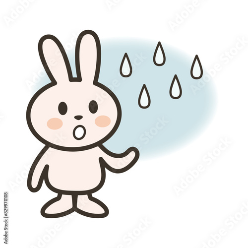 ポツポツと小雨が降ってきて空を見上げるうさぎさんのイラスト