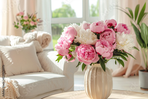 peonies flowers in vase in modern living room