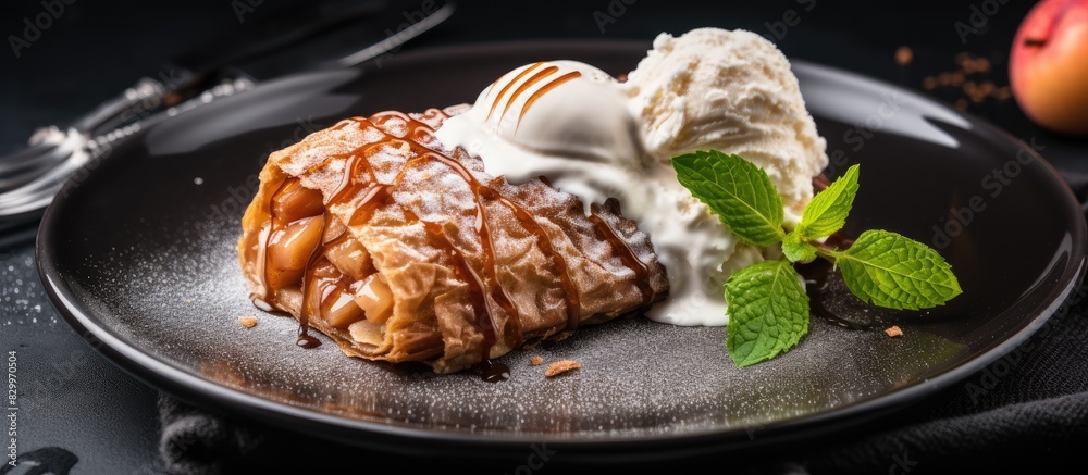 A black plate holds a delicious sweet apple strudel with a scoop of vanilla ice cream placed on a marble background that provides ample space for additional elements in the image A black plate holds a delicious sweet apple strudel with a scoop of vanilla ice cream placed on a marble background that provides ample space for additional elements in the image