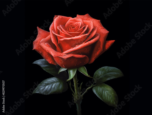 A red rose blooming isolated on a black background. Rose flower is symbol of love, desire, romance, and gifts for anniversaries or Valentine's Day