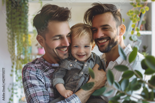 gay couple with little son at home